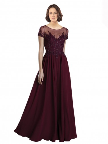 Achat Bordeaux foncé Trapèze Col bijou Tulle Mousseline Longue Robes demoiselle d'honneur