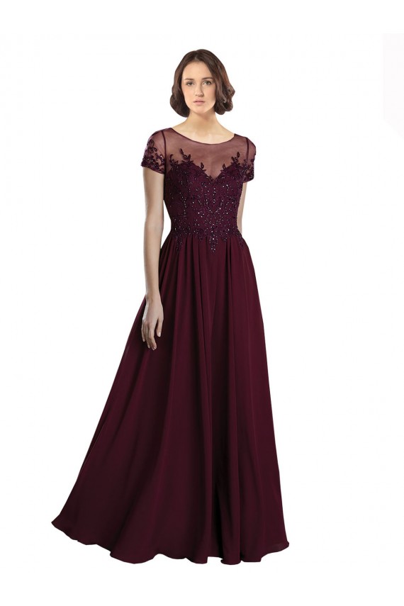 Achat Bordeaux foncé Trapèze Col bijou Tulle Mousseline Longue Robes demoiselle d'honneur