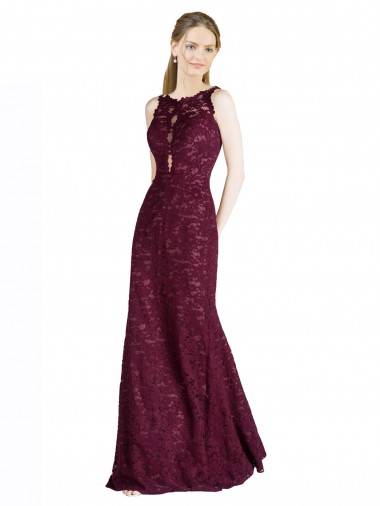 Achat Bordeaux foncé Trapèze Illusion Col Haut Dentelle Longue Robes demoiselle d'honneur / Robes de bal