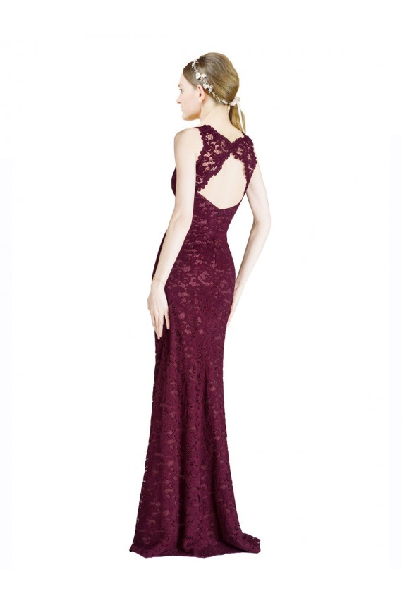 Achat Bordeaux foncé Trapèze Illusion Col Haut Dentelle Longue Robes demoiselle d'honneur / Robes de bal