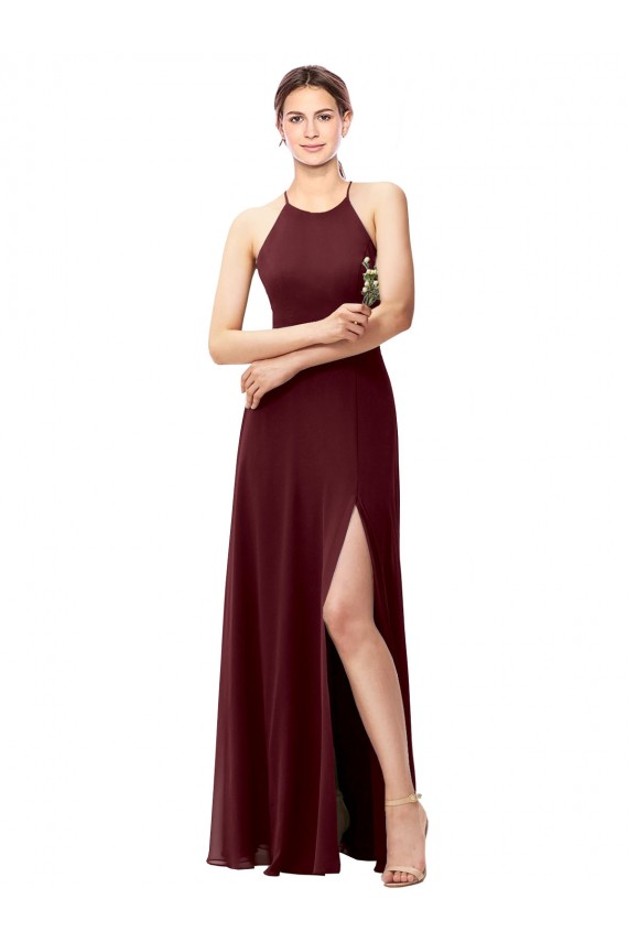 Achat Bordeaux foncé Trapèze Licou Col Haut Mousseline Longue Robes demoiselle d'honneur