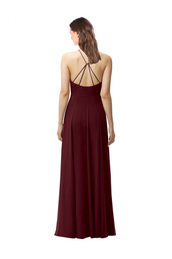 Achat Bordeaux foncé Trapèze Licou Col Haut Mousseline Longue Robes demoiselle d'honneur