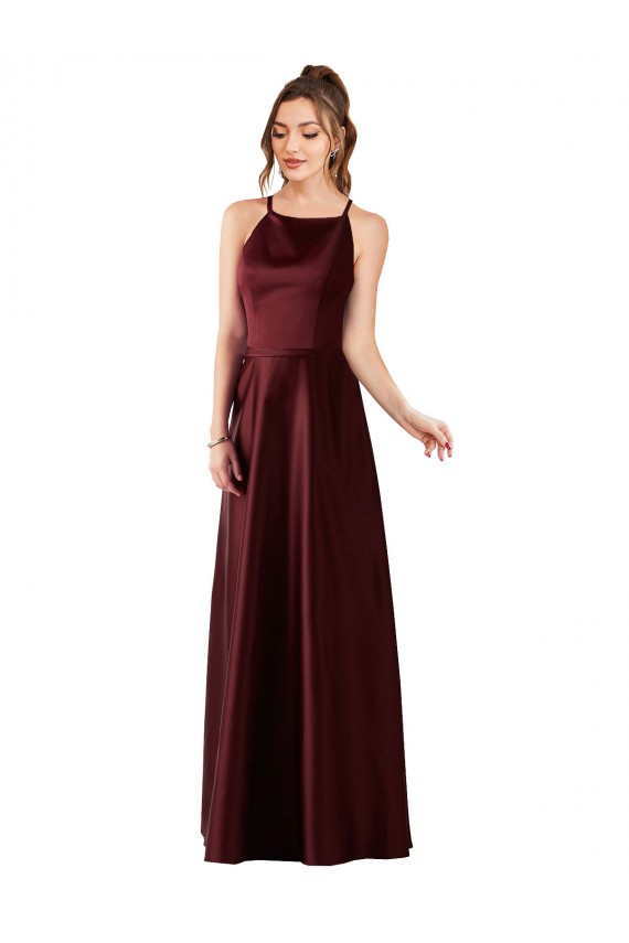 Achat Bordeaux foncé Trapèze Licou Satiné Longue Robes demoiselle d'honneur / Robes de bal