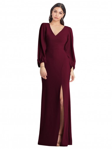 Achat Bordeaux foncé Trompette Col V Crêpe Stretch Longue Robes demoiselle d'honneur / Robes de bal
