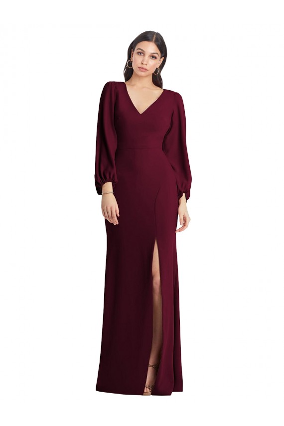 Achat Bordeaux foncé Trompette Col V Crêpe Stretch Longue Robes demoiselle d'honneur / Robes de bal