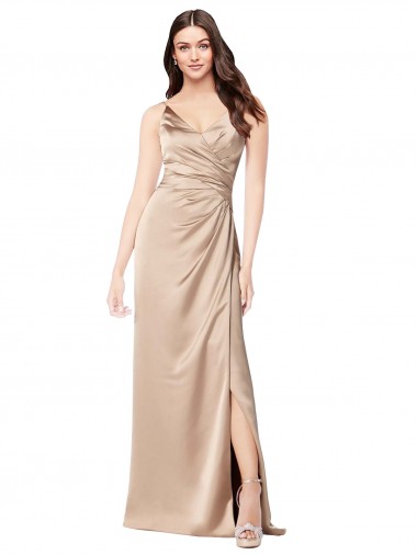 Achat Champagne Rose Trapèze Bretelles spaghetti Col V Satiné Soyeux Longue Formelles Robes demoiselle d'honneur / Robes de soirée / Robes de bal