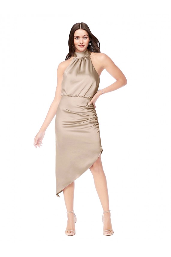 Achat Champagne Rose Trapèze Licou midi Satiné Soyeux Courte Asymétrique Robes demoiselle d'honneur / Robes de bal / Robes de cocktail