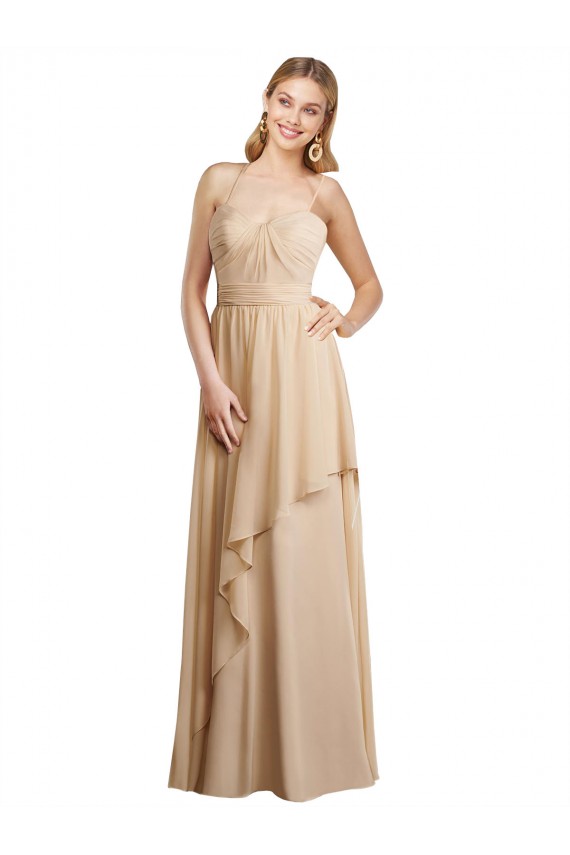 Achat Champagne Trapèze Bretelles spaghetti Mousseline Longue Robes demoiselle d'honneur