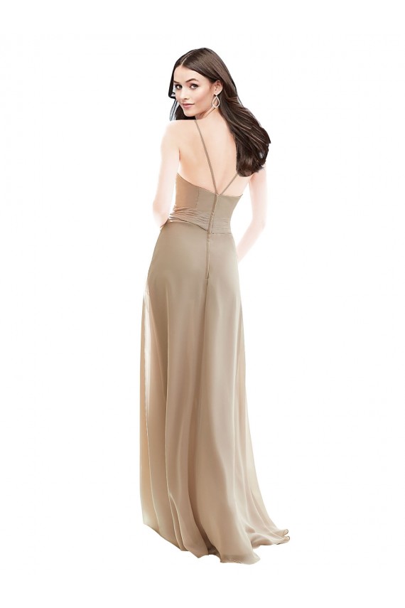 Achat Champagne Trapèze Col Haut Mousseline Longue Robes demoiselle d'honneur