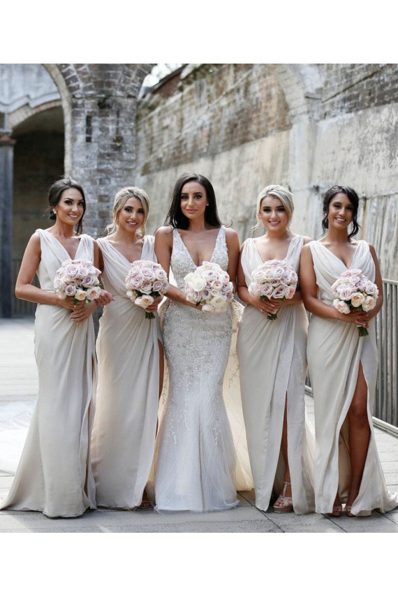 Achat Champagne Trapèze Col V Mousseline Longue Robes demoiselle d'honneur