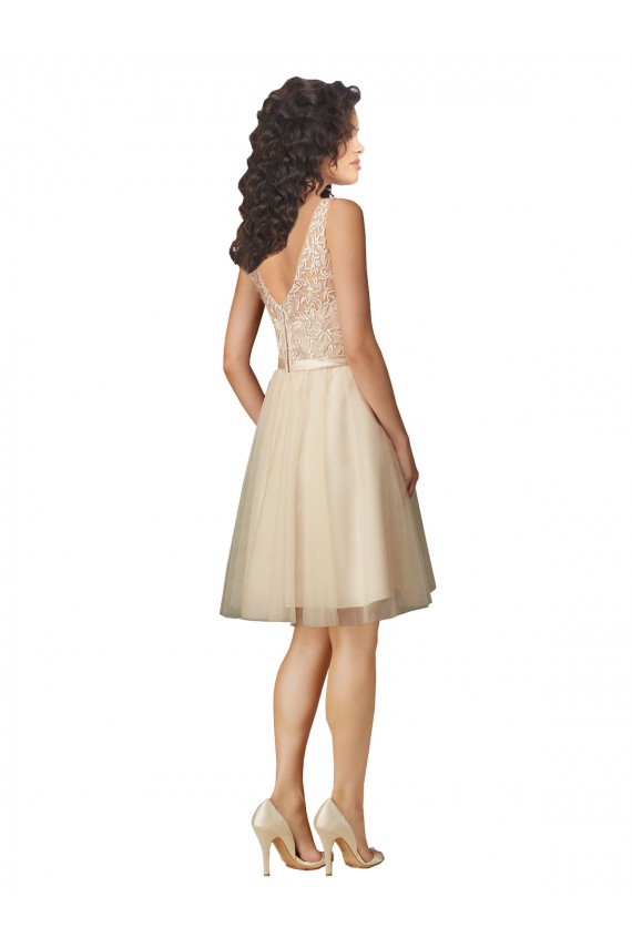 Achat Champagne Trapèze Col V Tulle Dentelle Courte Robes demoiselle d'honneur