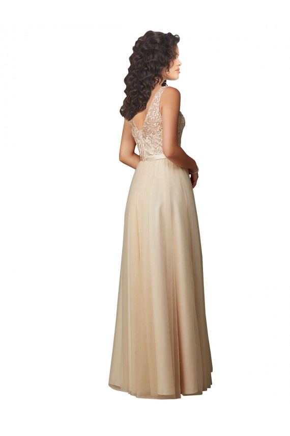 Achat Champagne Trapèze Col V Tulle Dentelle Longue Robes demoiselle d'honneur