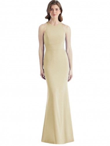 Achat Champagne Trompette Bateau Crêpe Stretch Longue Robes demoiselle d'honneur / Robes de bal