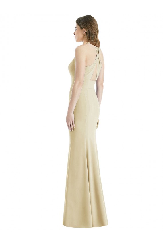 Achat Champagne Trompette Bateau Crêpe Stretch Longue Robes demoiselle d'honneur / Robes de bal