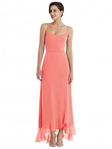 Achat Corail Trapèze Bretelles spaghetti Scoop Mousseline Longue Asymétrique Robes demoiselle d'honneur