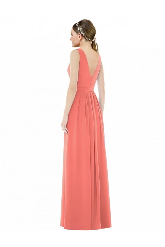 Achat Corail Trapèze Col V Mousseline Longue Robes demoiselle d'honneur