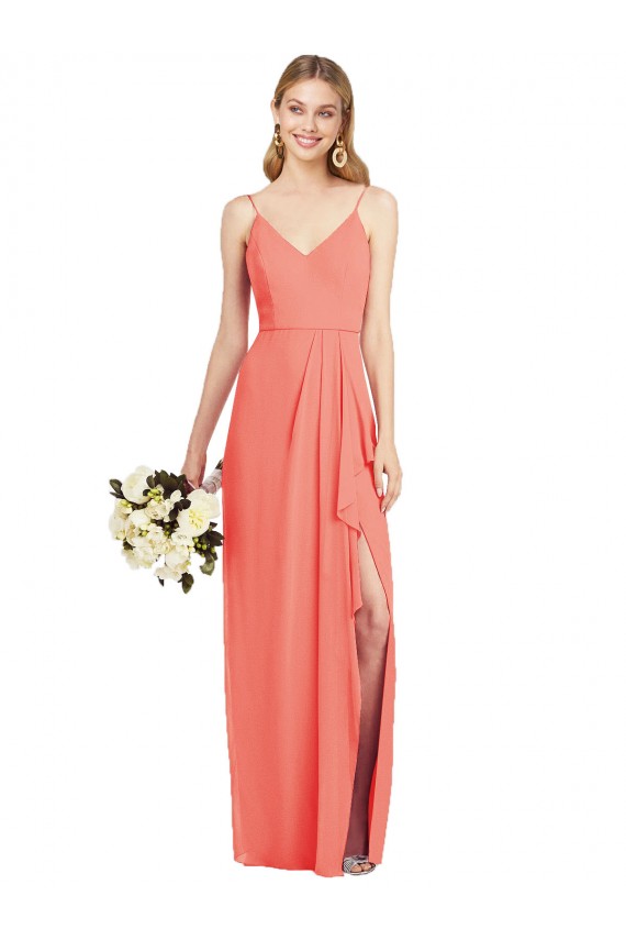 Achat Corail Trompette Bretelles spaghetti Col V Mousseline Longue Robes demoiselle d'honneur