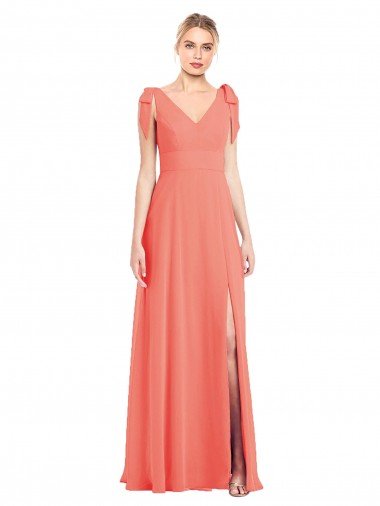 Achat Corail Trompette Col V Mousseline Longue Robes demoiselle d'honneur