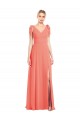 Achat Corail Trompette Col V Mousseline Longue Robes demoiselle d'honneur