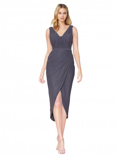 Achat Gris ardoise Sirène Col V Mousseline Courte Asymétrique Robes demoiselle d'honneur / Robes de soirée / Robes de bal