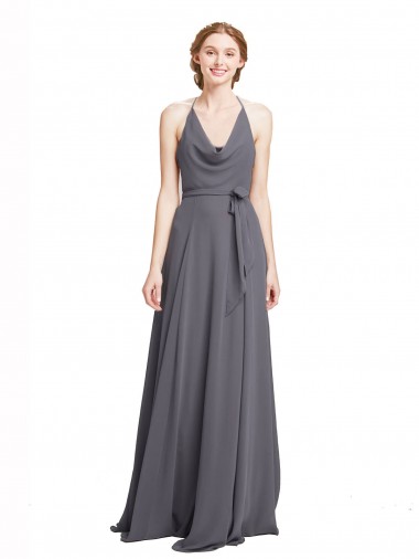 Achat Gris ardoise Trapèze Bretelles spaghetti Mousseline Longue Robes demoiselle d'honneur