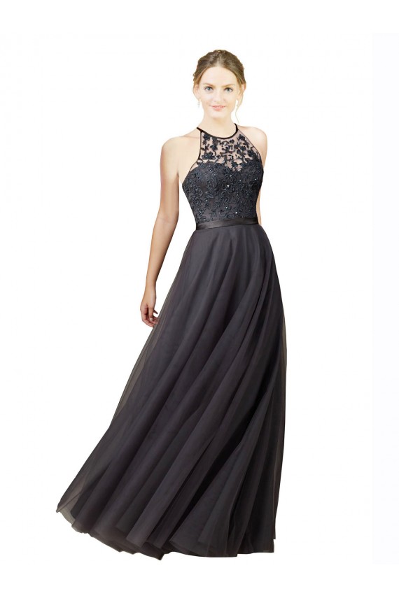 Achat Gris ardoise Trapèze Tulle Dentelle Longue Robes demoiselle d'honneur