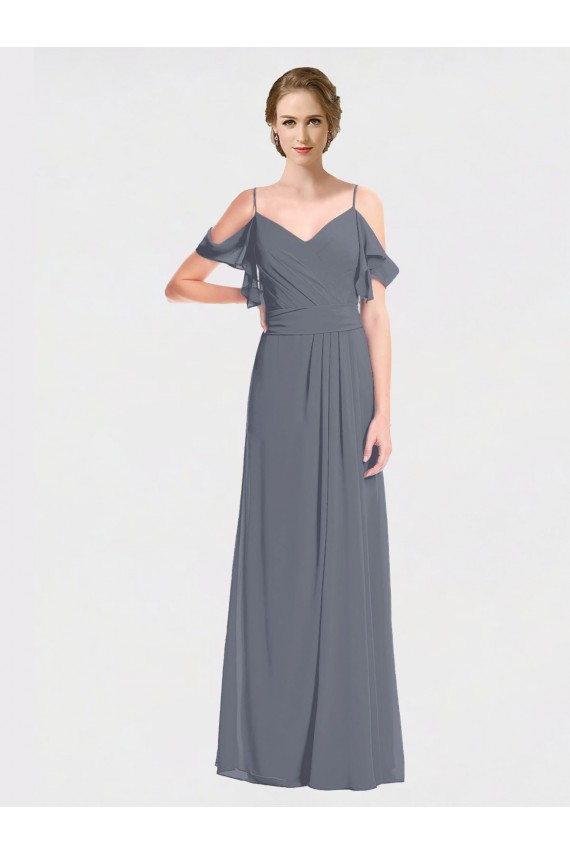 Achat Gris ardoise Trapèze Épaule Dénudée Col V Mousseline Longue Robes demoiselle d'honneur