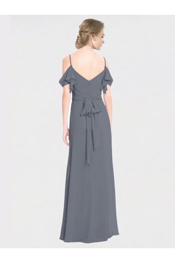 Achat Gris ardoise Trapèze Épaule Dénudée Col V Mousseline Longue Robes demoiselle d'honneur
