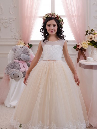 Achat Ivoire & Champagne Princesse Tulle Dentelle Longue Robes de demoiselle d'honneur - fillette