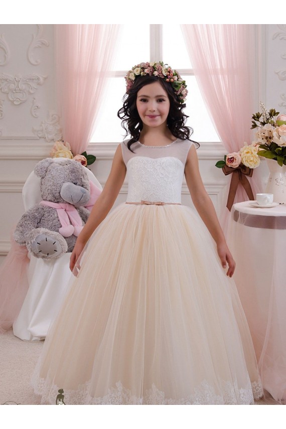 Achat Ivoire & Champagne Princesse Tulle Dentelle Longue Robes de demoiselle d'honneur - fillette