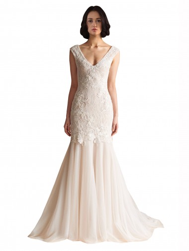 Achat Ivoire & Champagne Sirène Col V Balayage train Tulle Robes de mariée