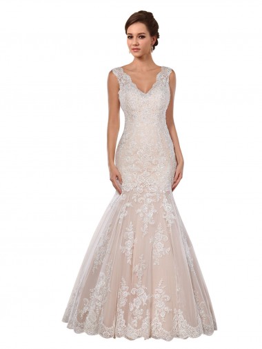 Achat Ivoire & Champagne Sirène Col V Dentelle Classique Robes de mariée