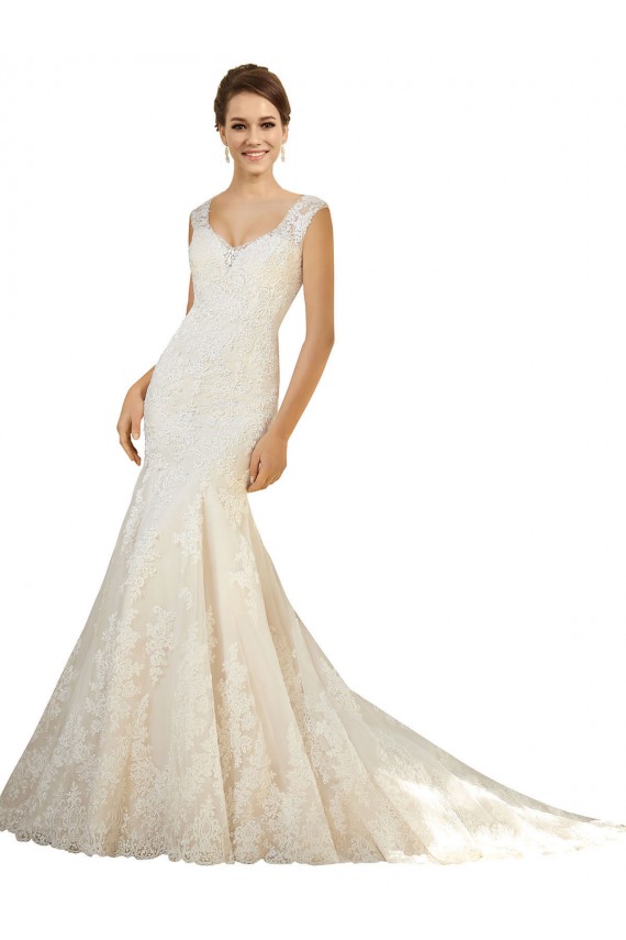 Achat Ivoire & Champagne Sirène Col V Tulle Dentelle Robes de mariée
