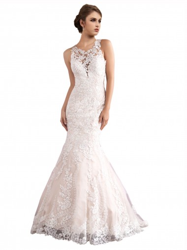 Achat Ivoire & Champagne Sirène Illusion Traîne cathédrale Tulle Dentelle Robes de mariée