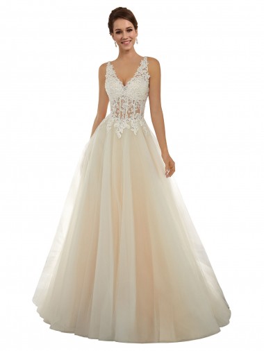 Achat Ivoire & Champagne Trapèze Col V Tulle Dentelle Classique Robes de mariée