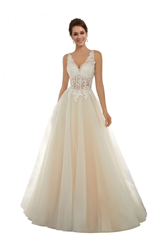 Achat Ivoire & Champagne Trapèze Col V Tulle Dentelle Classique Robes de mariée