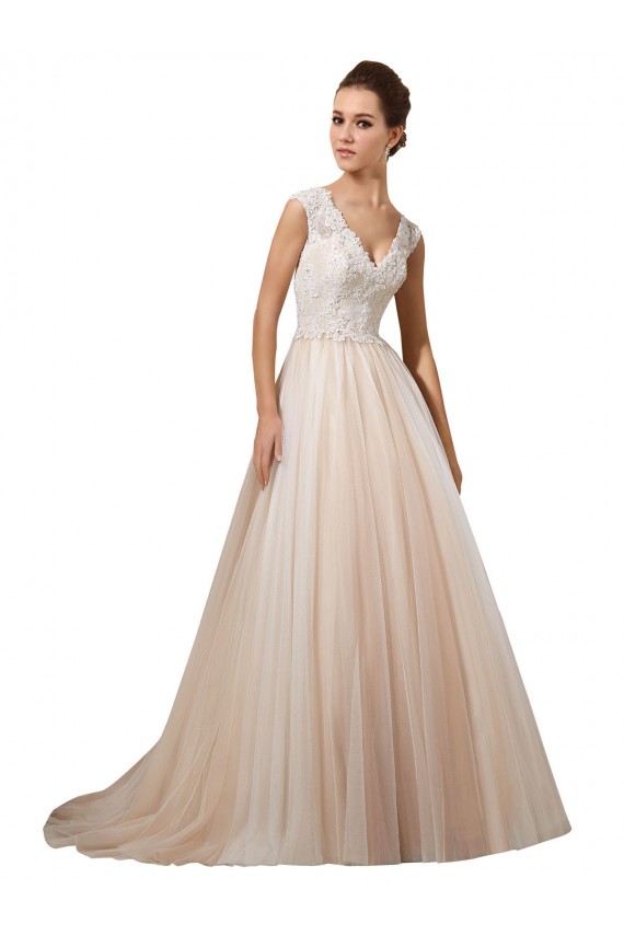 Achat Ivoire & Champagne Trapèze Col V Tulle Dentelle Robes de mariée