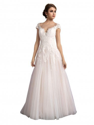 Achat Ivoire & Champagne Trapèze Illusion Traîne cathédrale Tulle Dentelle Plage Robes de mariée