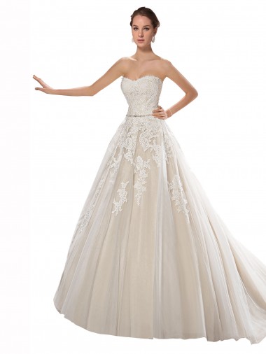Achat Ivoire & Champagne Trapèze Sans bretelle Tulle Dentelle Robes de mariée