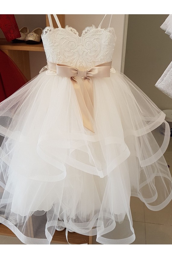 Achat Ivoire Princesse Col Haut Tulle Dentelle Longue Robes de demoiselle d'honneur - fillette