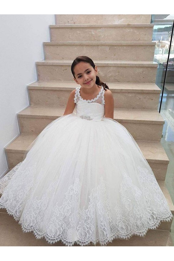 Achat Ivoire Princesse Col Haut Tulle Dentelle Longue Robes de demoiselle d'honneur - fillette