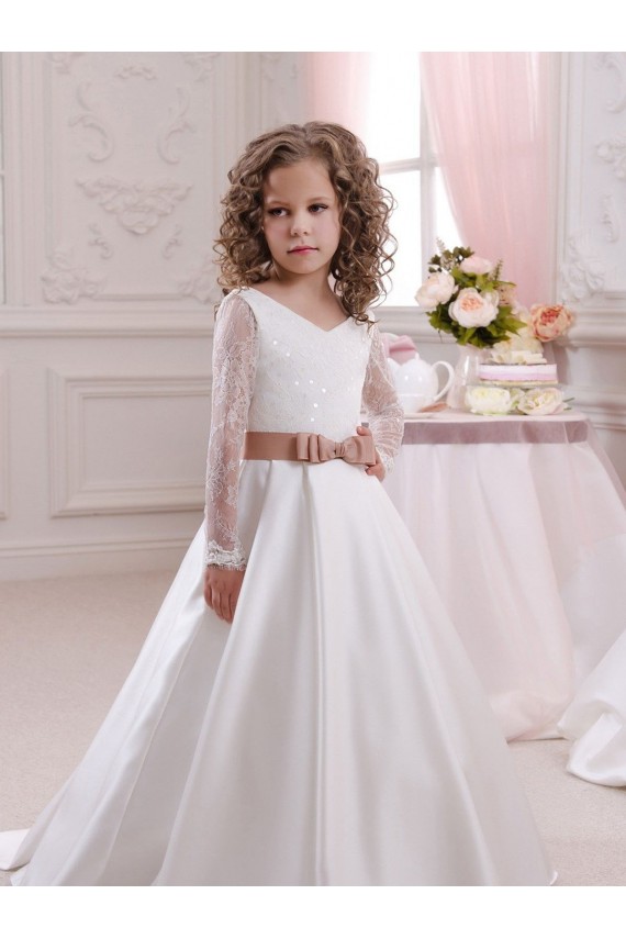 Achat Ivoire Princesse Col V Satiné Dentelle Longue Robes de demoiselle d'honneur - fillette