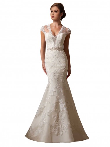 Achat Ivoire Sirène Illusion Col V Tulle Dentelle Robes de mariée