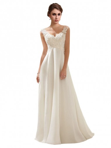 Achat Ivoire Trapèze Col V Balayage train Mousseline Dentelle Robes de mariée