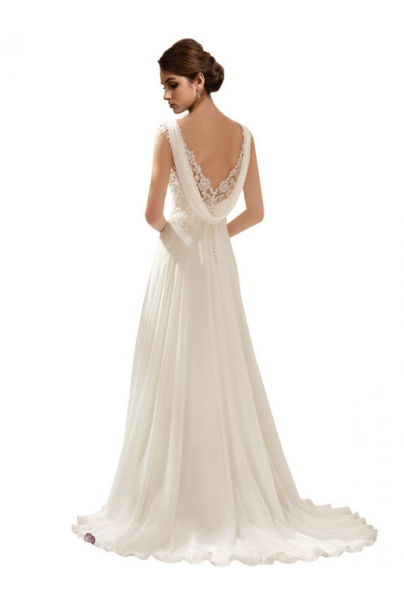 Achat Ivoire Trapèze Col V Balayage train Mousseline Dentelle Robes de mariée