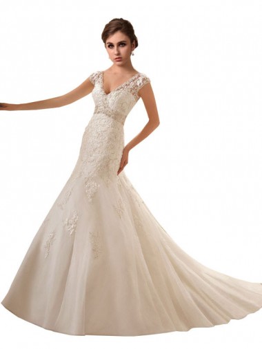 Achat Ivoire Trapèze Col V Tulle Dentelle Robes de mariée
