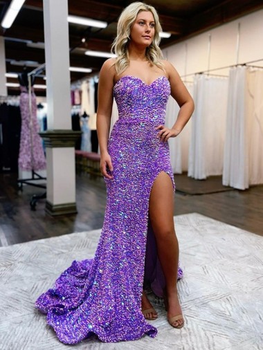 Achat Lavande Trapèze Traîne moyenne Paillettes Velours Longue Robes de bal