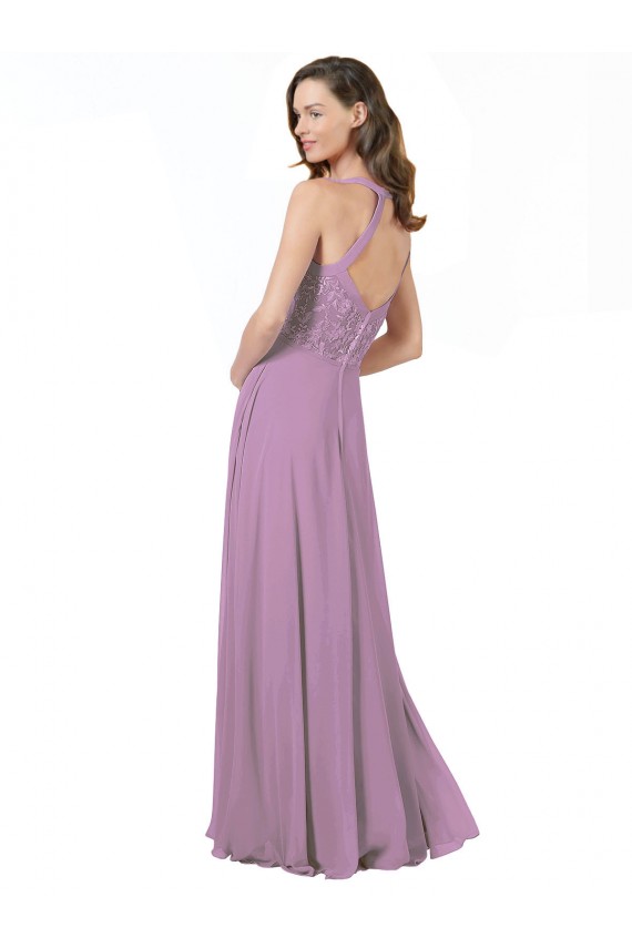 Achat Lavande foncée Trapèze Bretelles spaghetti Mousseline Dentelle Longue Robes demoiselle d'honneur
