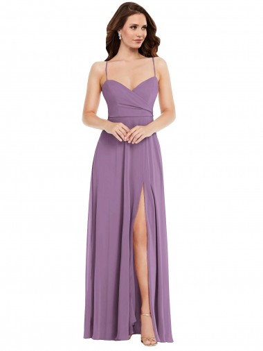 Achat Lavande foncée Trapèze Bretelles spaghetti Mousseline Longue Robes demoiselle d'honneur