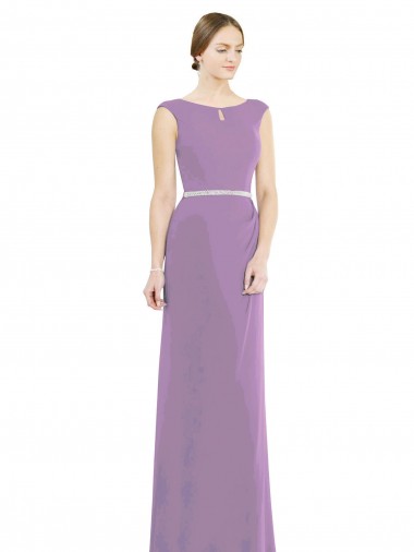 Achat Lavande foncée Trapèze Col Bateau Col Haut Mousseline Longue Robes demoiselle d'honneur